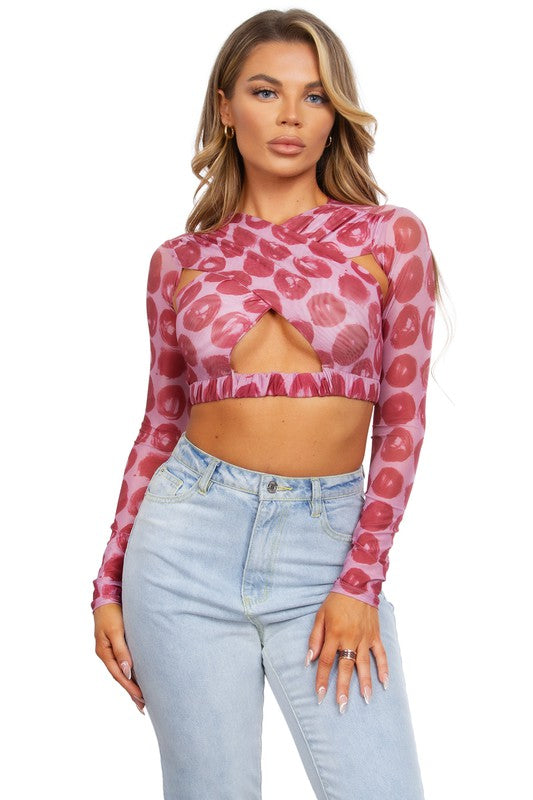 CRISS CROSS LONG SLEEVE MESH CROP TOP