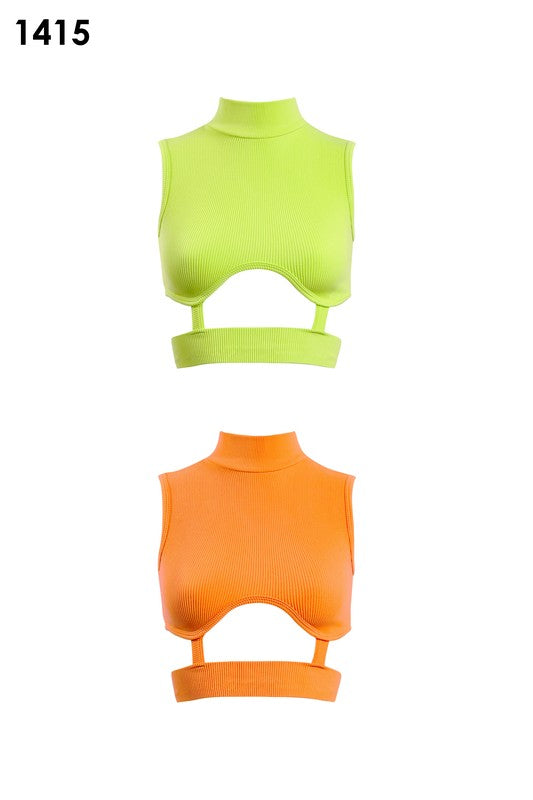 High neck ribbed contour tank w/ cut outs