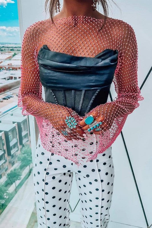 Rhinestone Mesh Long Flare Sleeve Top