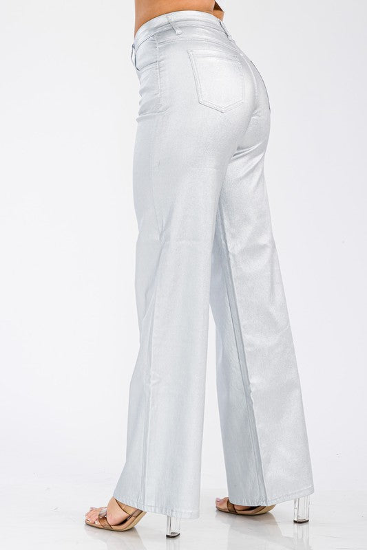 STRETCH METALLIC WIDE LEG PANTS
