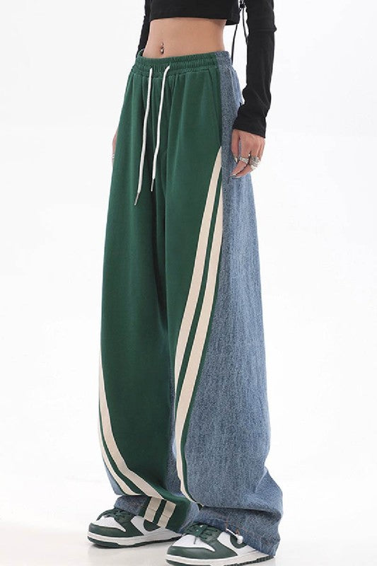 High Waist Patchwork Denim Wide Leg Pants