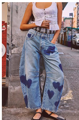 Heart Print Barrel Leg Pants