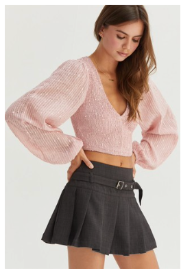 SEQUIN SMOCKED V-NECK CROP TOP