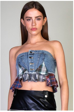 DENIM CORSET TOP WITH PLAID PATCHES