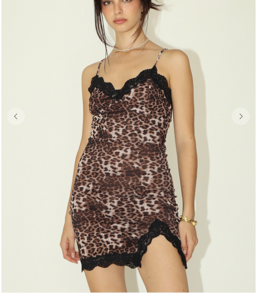 LEOPARD MESH SLIP DRESS WITH LACE TRIM