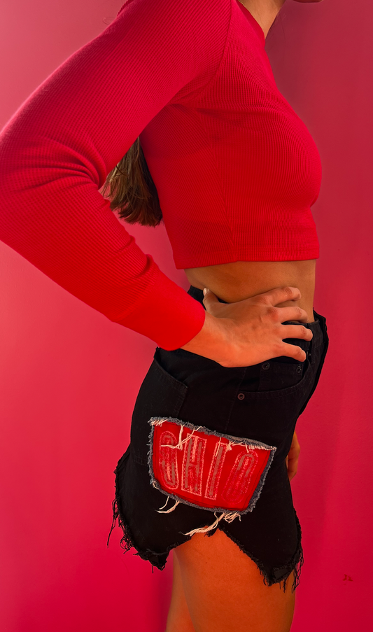 OSU RECON BLACK DENIM SKIRT WITH PATCHWORK