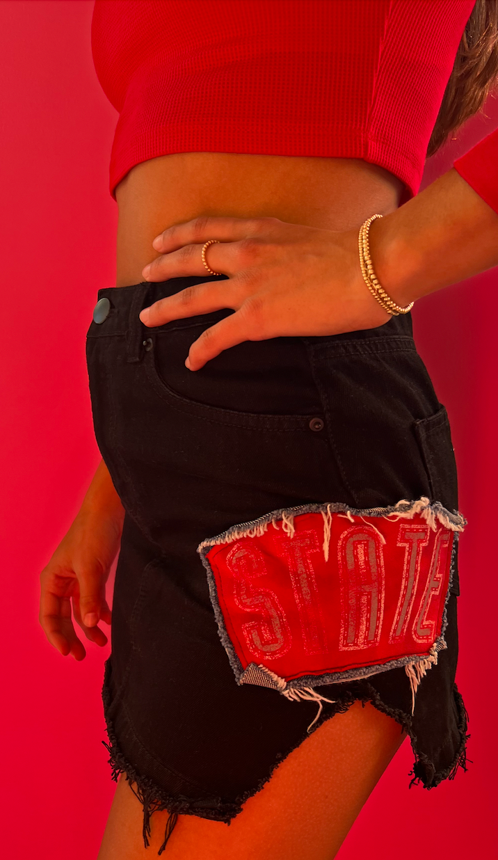 OSU RECON BLACK DENIM SKIRT WITH PATCHWORK