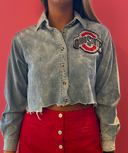 OSU RECON DENIM CROPPED BUTTON DOWN SHIRT