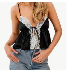 SATIN AND LACE FRONT TIE TANK