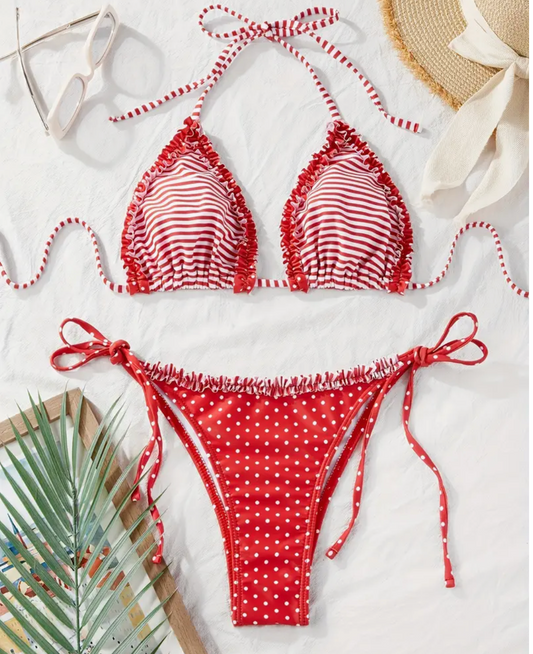 RED POLKA DOT AND STRIPE BIKINI