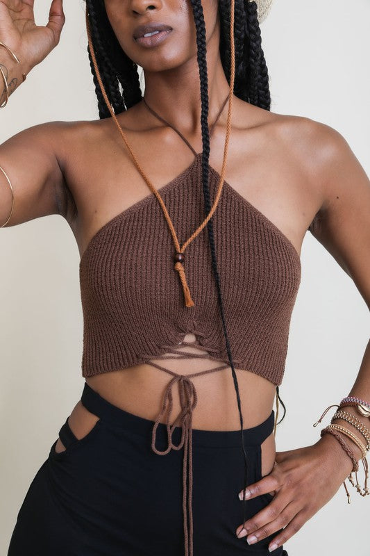 Lace Up Halter Knit Bralette