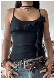 Sheer Mesh Ruffle U Neck Irregular Crop Top