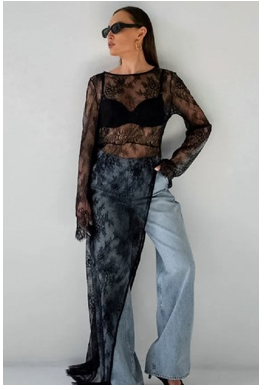 Sheer Lace Side Slit Long Sleeve Maxi Dress