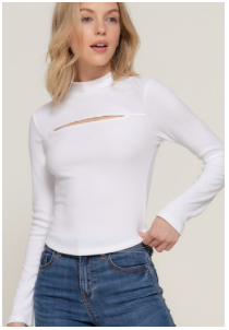 LONG SLV MOCK NECK KYEHOLE RIB KNIT TOP