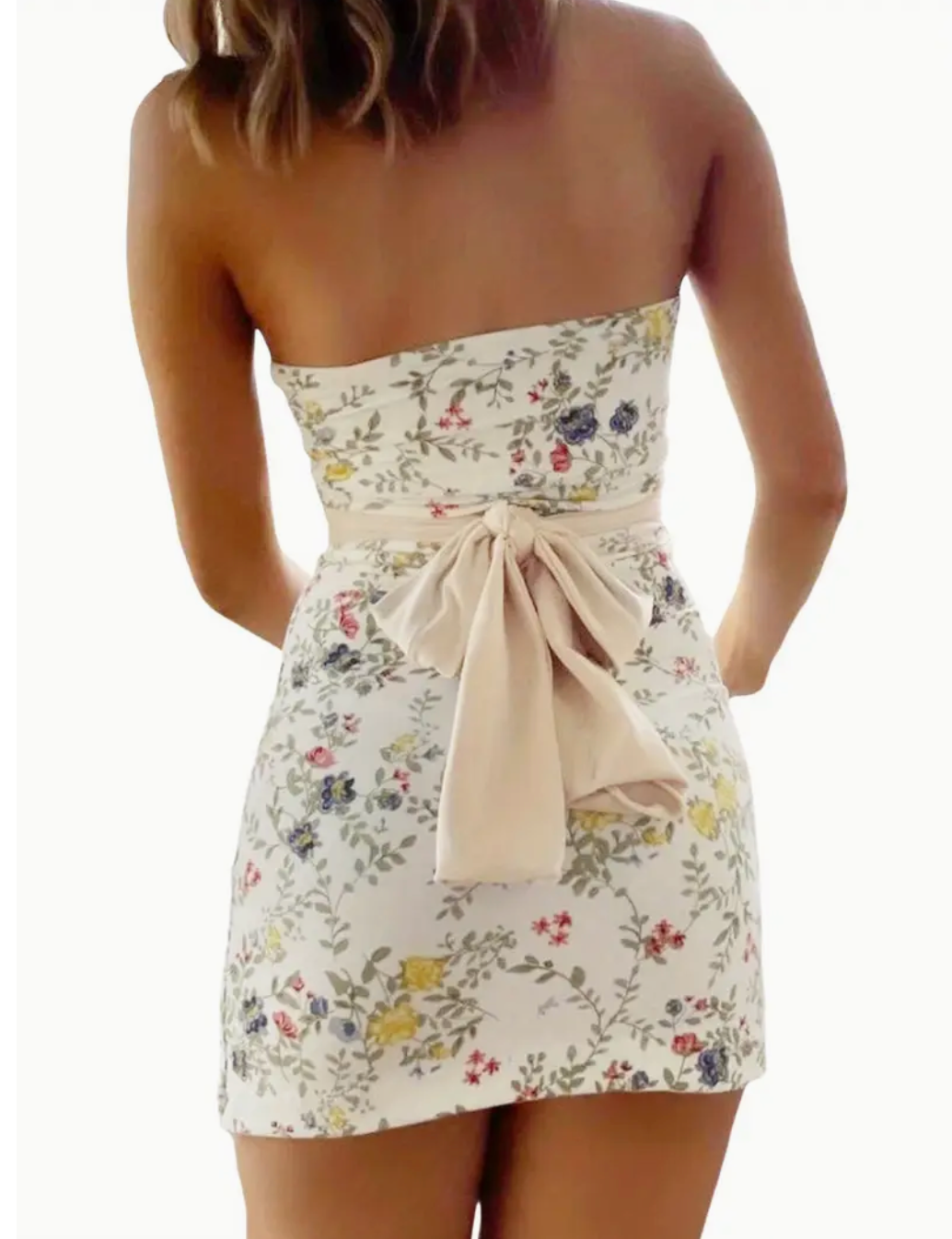 STRAPLESS FLORAL DRESS W/CREAM BELT