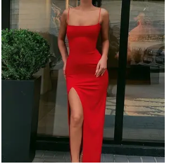 LONG SPAGHETTI STRAP DRESS W/HI-SLIT