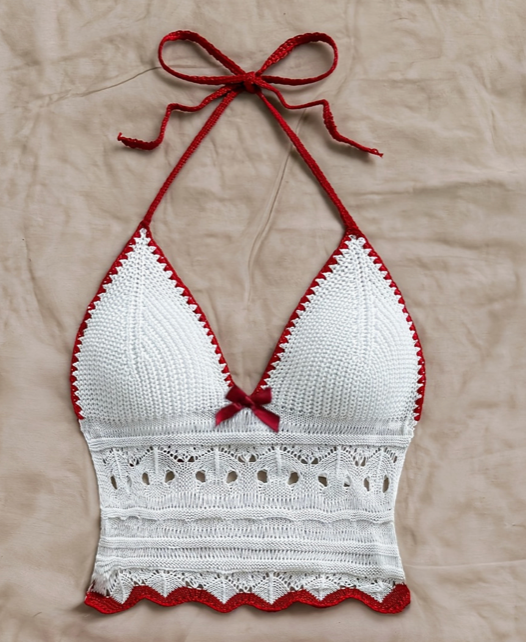 CROCHET HALTER WHITE W/RED